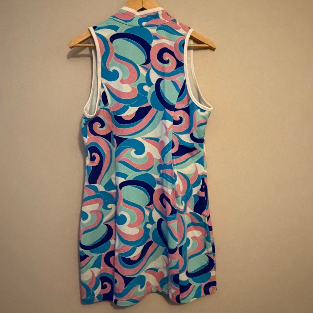 Boston Proper Womens Large Blue Pink Swirl Print Mock Neck Half Zip Shift Dress - Picture 2 of 6